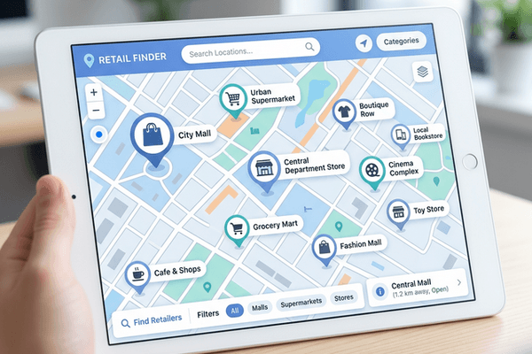 Whereego mission illustration showing a digital map with retail locations