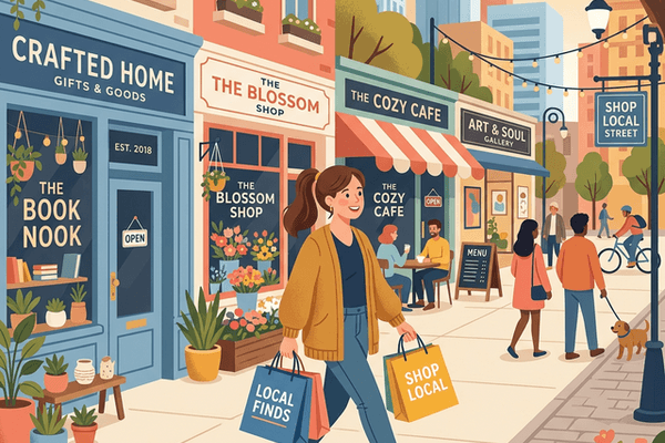 Whereego story illustration of someone browsing city shops