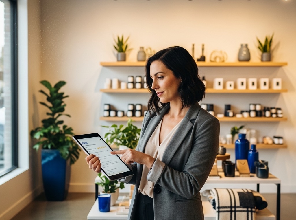 Retail store owner managing their business listing on Whereego